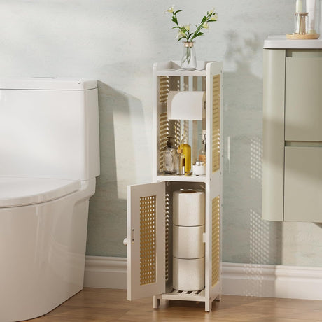 AmazerBath Bamboo Storage Cabinet with Rattan Design in White, 7.87"D x 7.05"W x 30.31"H, product detail and key features.