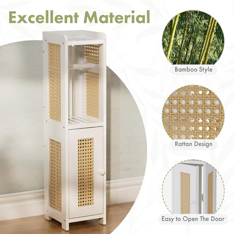 AmazerBath Bamboo Storage Cabinet with Rattan Design in White, 7.87"D x 7.05"W x 30.31"H, product detail and key features.