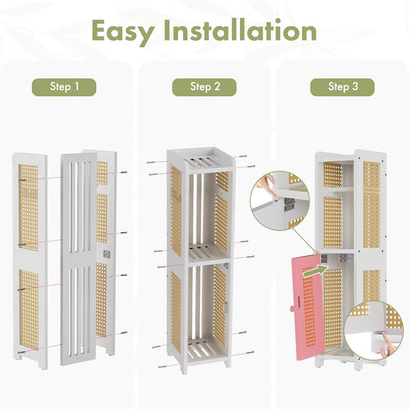 AmazerBath Bamboo Storage Cabinet with Rattan Design in White, 7.87"D x 7.05"W x 30.31"H, product detail and key features.
