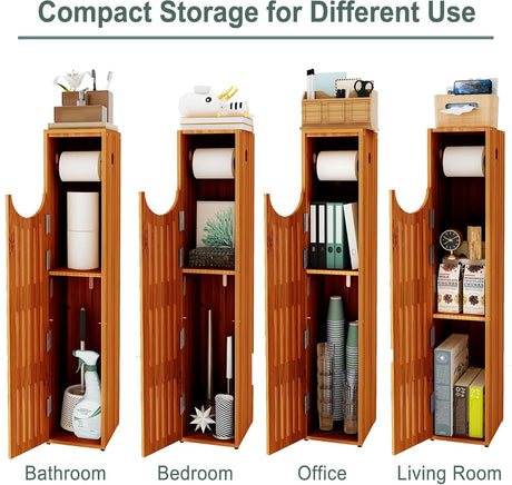 AmazerBath Bamboo Toilet Paper Storage Cabinet in Brown, 7.3"D x 6.5"W x 33"H, product detail and key features.