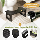 Black bamboo squat potty stool with reinforced beams, anti-slip feet, and a 330-pound weight capacity.