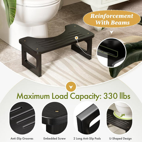 Black bamboo squat potty stool with reinforced beams, anti-slip feet, and a 330-pound weight capacity.