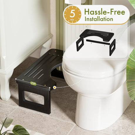 Black nonfoldable bamboo toilet stool beside a toilet with a five-minute hassle-free installation diagram.