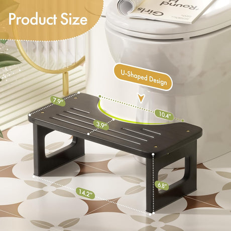 Black bamboo 6.8-inch toilet stool with detailed width, depth, height, and U-shaped opening dimensions.