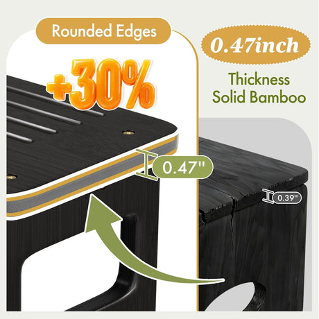 Close-up of black bamboo toilet stool showing 0.47-inch solid bamboo thickness and smooth rounded edges.