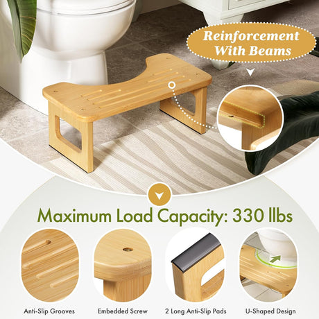 Natural bamboo squat potty stool with reinforced beams, anti-slip feet, and a 330-pound weight capacity.