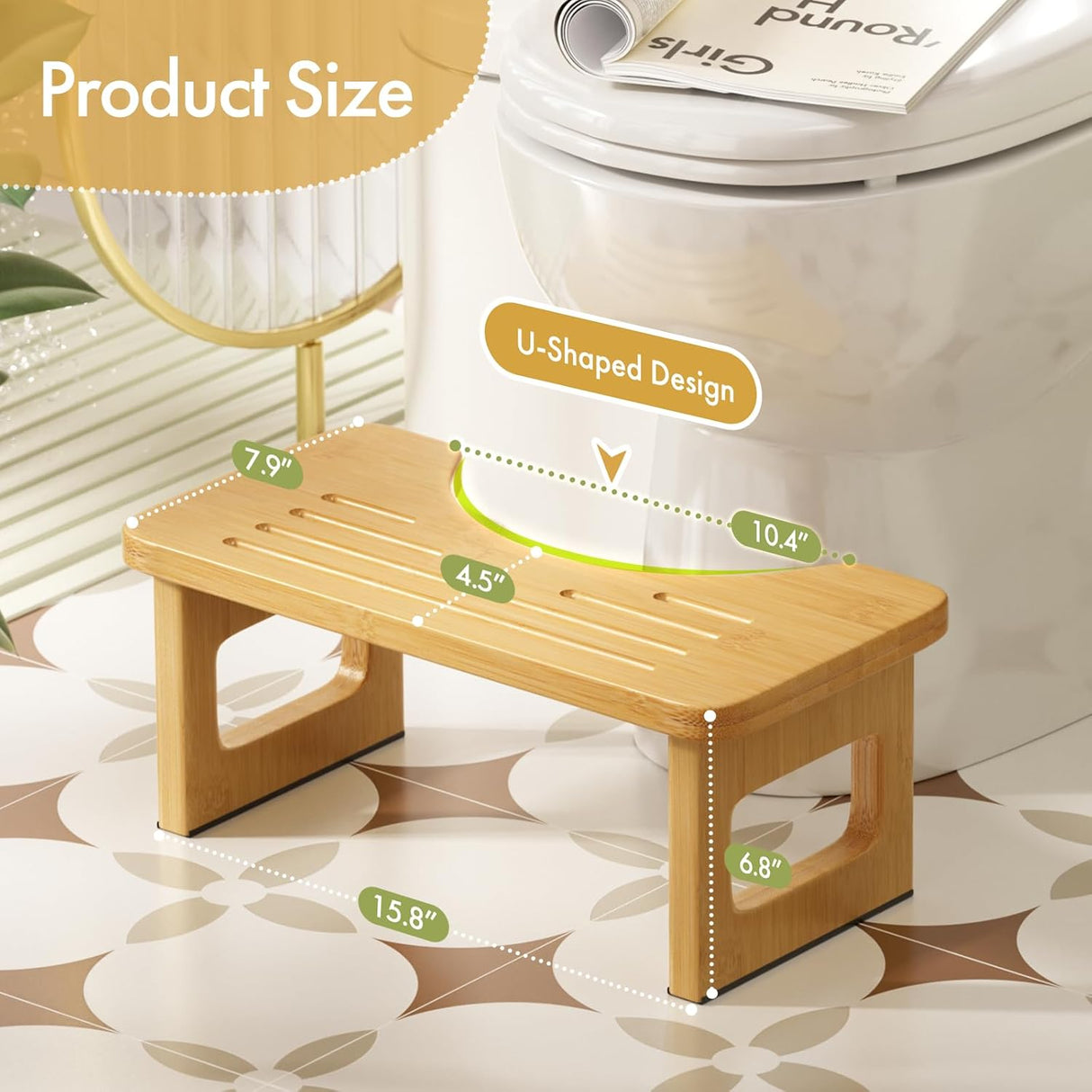 Natural bamboo foldable toilet stool with a curved U-shaped design for comfortable bathroom posture support.