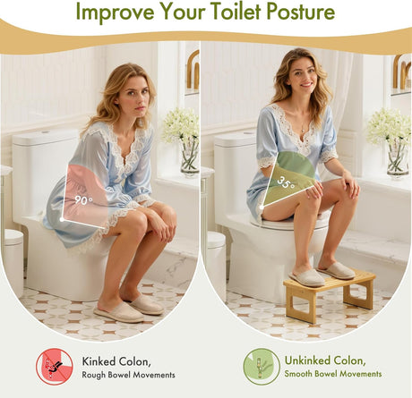 Natural bamboo toilet stool showing a 35-degree squat posture designed to support smoother bowel movements.
