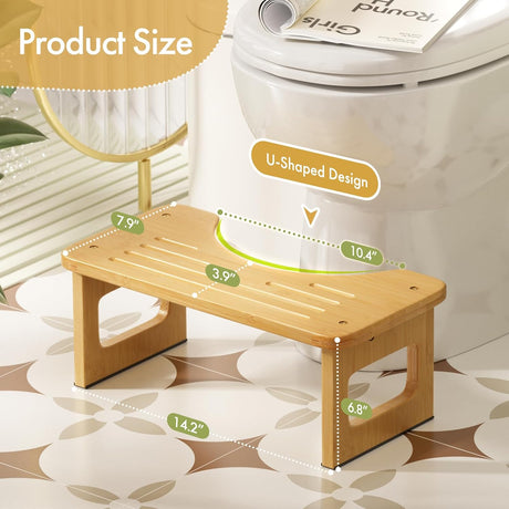Natural bamboo 6.8-inch toilet stool with detailed width, depth, height, and U-shaped opening dimensions.