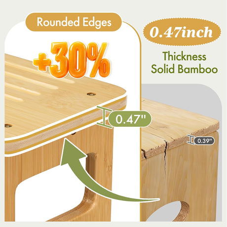 Close-up of natural bamboo toilet stool showing 0.47-inch solid bamboo thickness and smooth rounded edges.