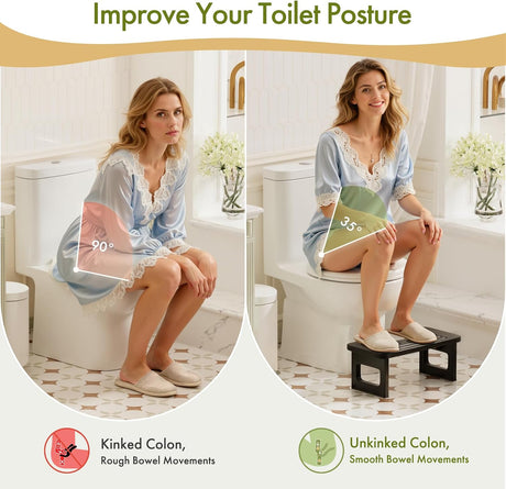AmazerBath Bamboo Toilet Stool, 6.8-Inch Squat Potty Stool in Black, Foldable 6.8 Inches, product detail and key features.