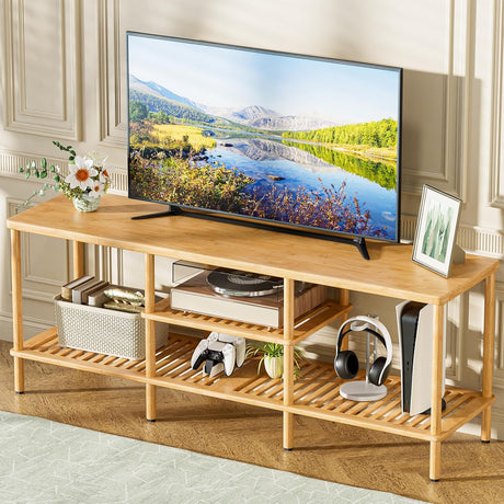 AmazerBath bamboo TV stand with 3-tier open storage, with a natural bamboo finish and open storage.