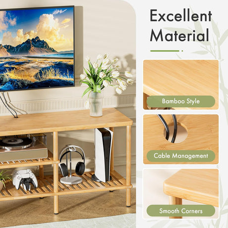 AmazerBath bamboo TV stand with 3-tier open storage, showing its three-tier open storage construction.