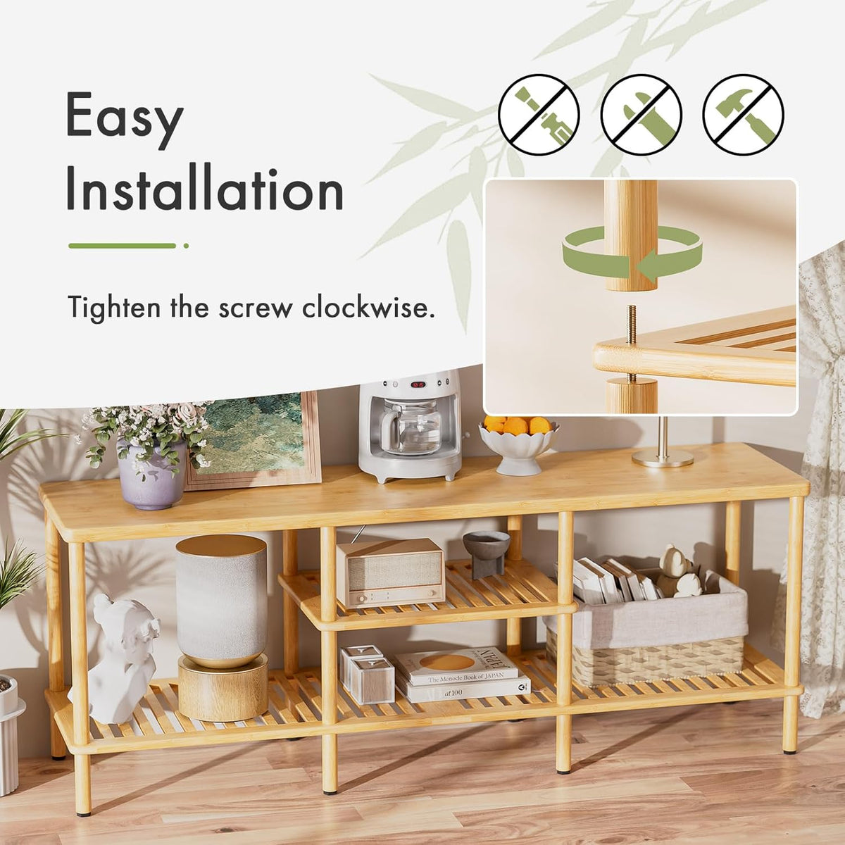 AmazerBath bamboo TV stand with 3-tier open storage, with open shelf storage.