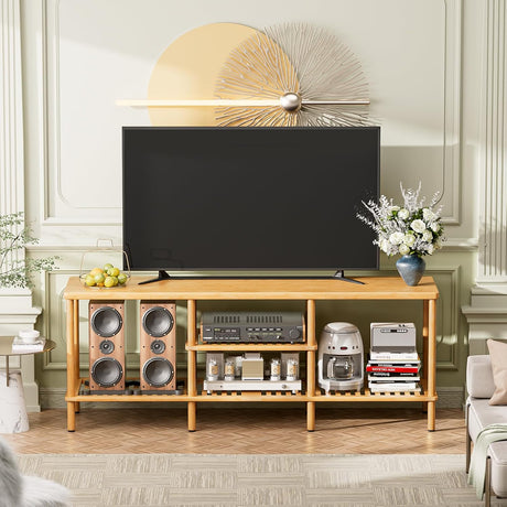 AmazerBath bamboo TV stand with 3-tier open storage, showing three open storage tiers.