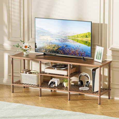 AmazerBath Walnut bamboo TV stand with 3-tier storage, product gallery image showing design details and features.