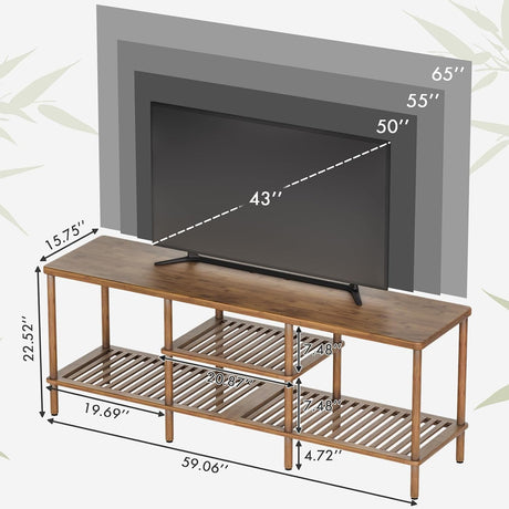 AmazerBath Walnut bamboo TV stand with 3-tier storage, product gallery image showing design details and features.