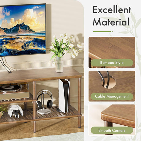 AmazerBath Walnut bamboo TV stand with 3-tier storage, product gallery image showing design details and features.