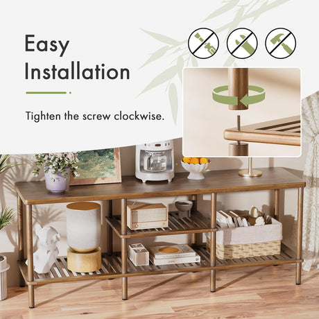AmazerBath Walnut bamboo TV stand with 3-tier storage, product gallery image showing design details and features.