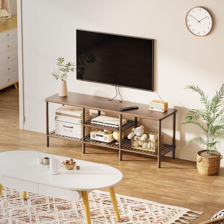 AmazerBath Walnut bamboo TV stand with 3-tier storage, product gallery image showing design details and features.