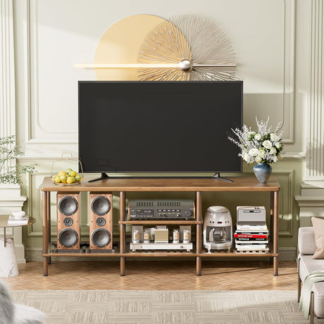 AmazerBath Walnut bamboo TV stand with 3-tier storage, product gallery image showing design details and features.