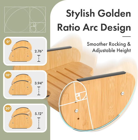 Adjustable size and extension range of the Bamboo Under-Desk Footrest with Rocking Support.