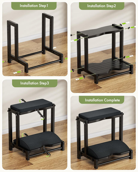 Step-by-step assembly guide for the black AmazerBath two-tier bamboo footrest.