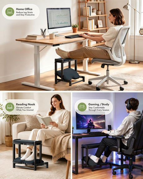 Black AmazerBath bamboo footrest used while working at a desk, reading, and gaming.