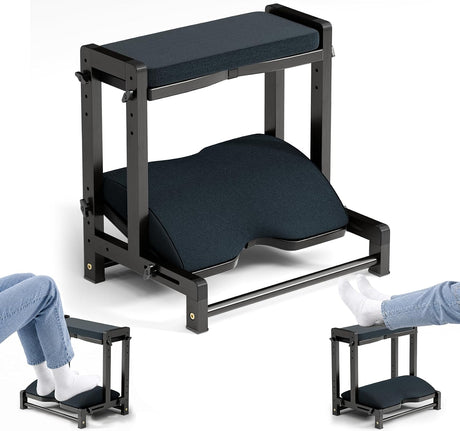 Black two-tier AmazerBath bamboo footrest with padded top and lower platforms in a home office.