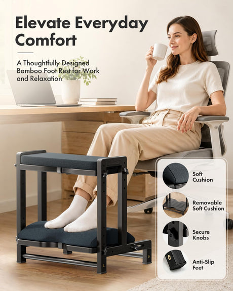 Black two-tier AmazerBath bamboo footrest showing removable cushion, adjustment knobs, and anti-slip feet.