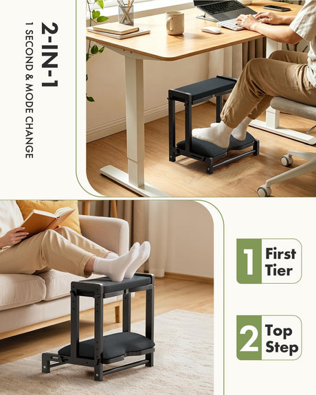 Black AmazerBath two-tier bamboo footrest configured for lower-platform and padded top-step use.