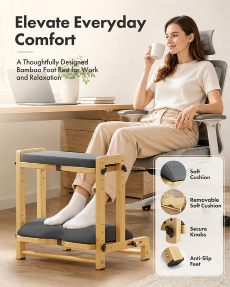 Non-slip surface, suction cups, and drainage details on the Bamboo Under-Desk Footrest with Rocking Support.