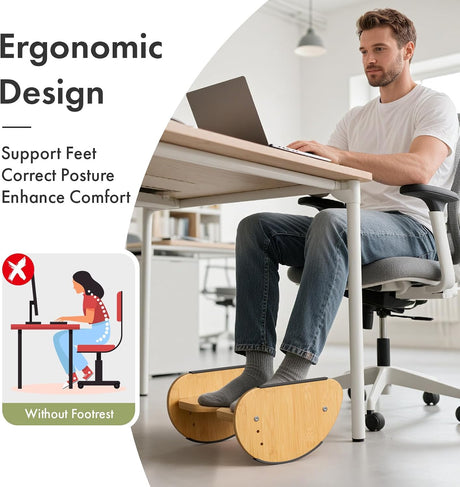 AmazerBath bamboo rocking footrest supporting ergonomic foot placement beneath a desk.