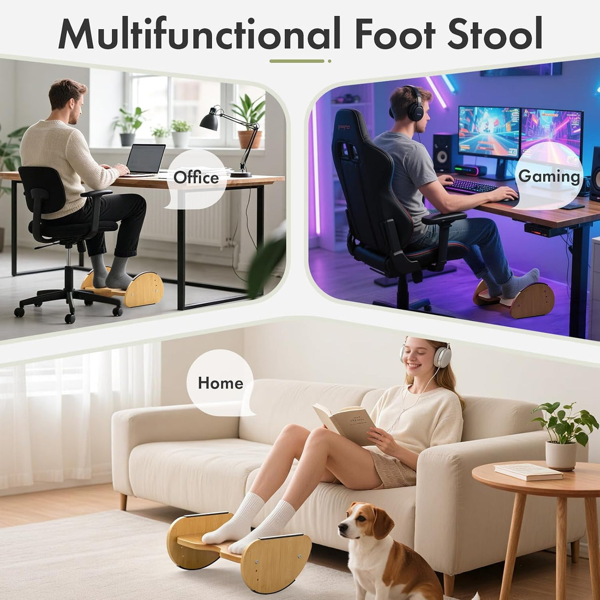 AmazerBath bamboo rocking footrest used for office work, gaming, and relaxing at home.