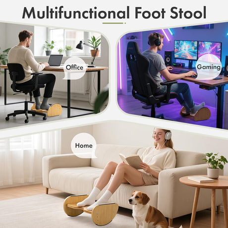 AmazerBath bamboo rocking footrest used for office work, gaming, and relaxing at home.