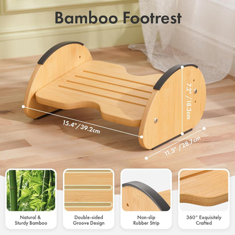 Natural bamboo AmazerBath rocking footrest dimensions with non-slip rubber strip and smooth rounded finish.