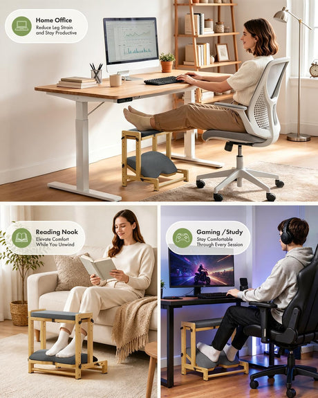 Natural AmazerBath bamboo footrest used while working at a desk, reading, and gaming.