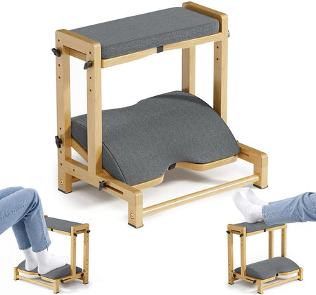 Natural bamboo AmazerBath two-tier footrest with padded top and lower platforms.