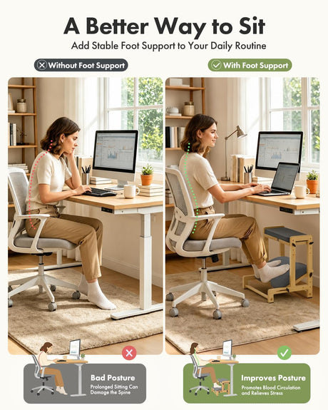 Posture comparison showing improved seated leg support with the natural bamboo AmazerBath footrest.