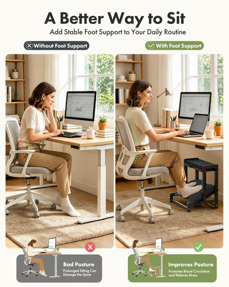 Posture comparison showing improved seated leg support with the AmazerBath two-tier footrest.
