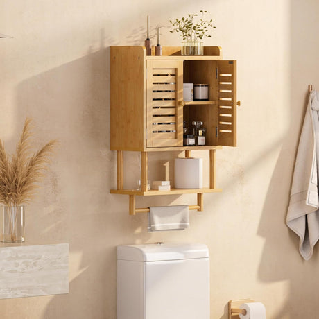 AmazerBath Bamboo Bathroom Wall Cabinet with 2 Doors in Natural, 8.3"D x 16.5"W x 26.6"H, product detail and key features.