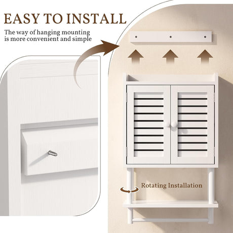 AmazerBath Bamboo Bathroom Wall Cabinet with 2 Doors in White, 8.3"D x 16.5"W x 26.6"H, product detail and key features.