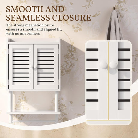 AmazerBath Bamboo Bathroom Wall Cabinet with 2 Doors in White, 8.3"D x 16.5"W x 26.6"H, product detail and key features.