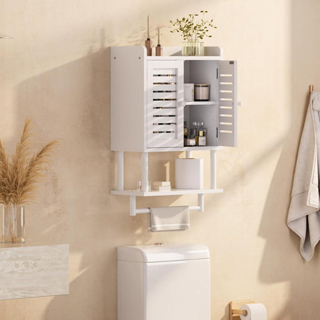 AmazerBath Bamboo Bathroom Wall Cabinet with 2 Doors in White, 8.3"D x 16.5"W x 26.6"H, product detail and key features.