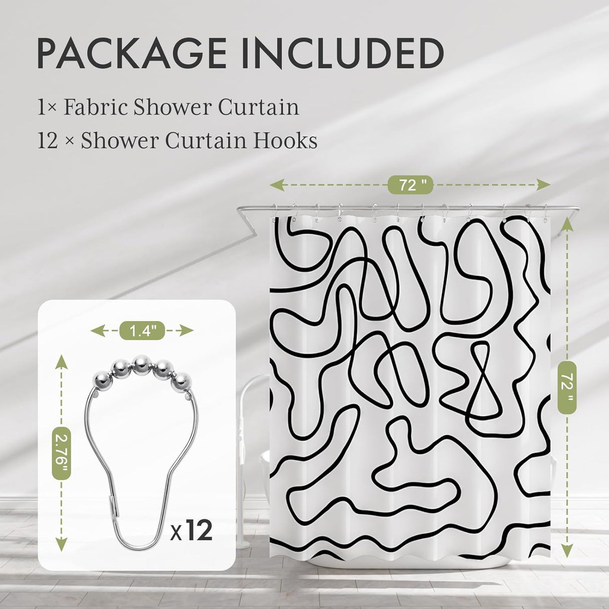 Black Abstract Shower Curtain with 12 Rings with included hooks and rust-resistant grommets.