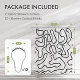 Black Abstract Shower Curtain with 12 Rings with included hooks and rust-resistant grommets.