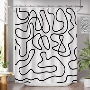 Black abstract line-art AmazerBath shower curtain fully installed over a white bathtub.