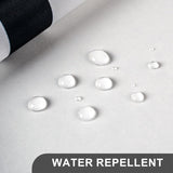 Water droplets beading on the black abstract AmazerBath shower curtain fabric.
