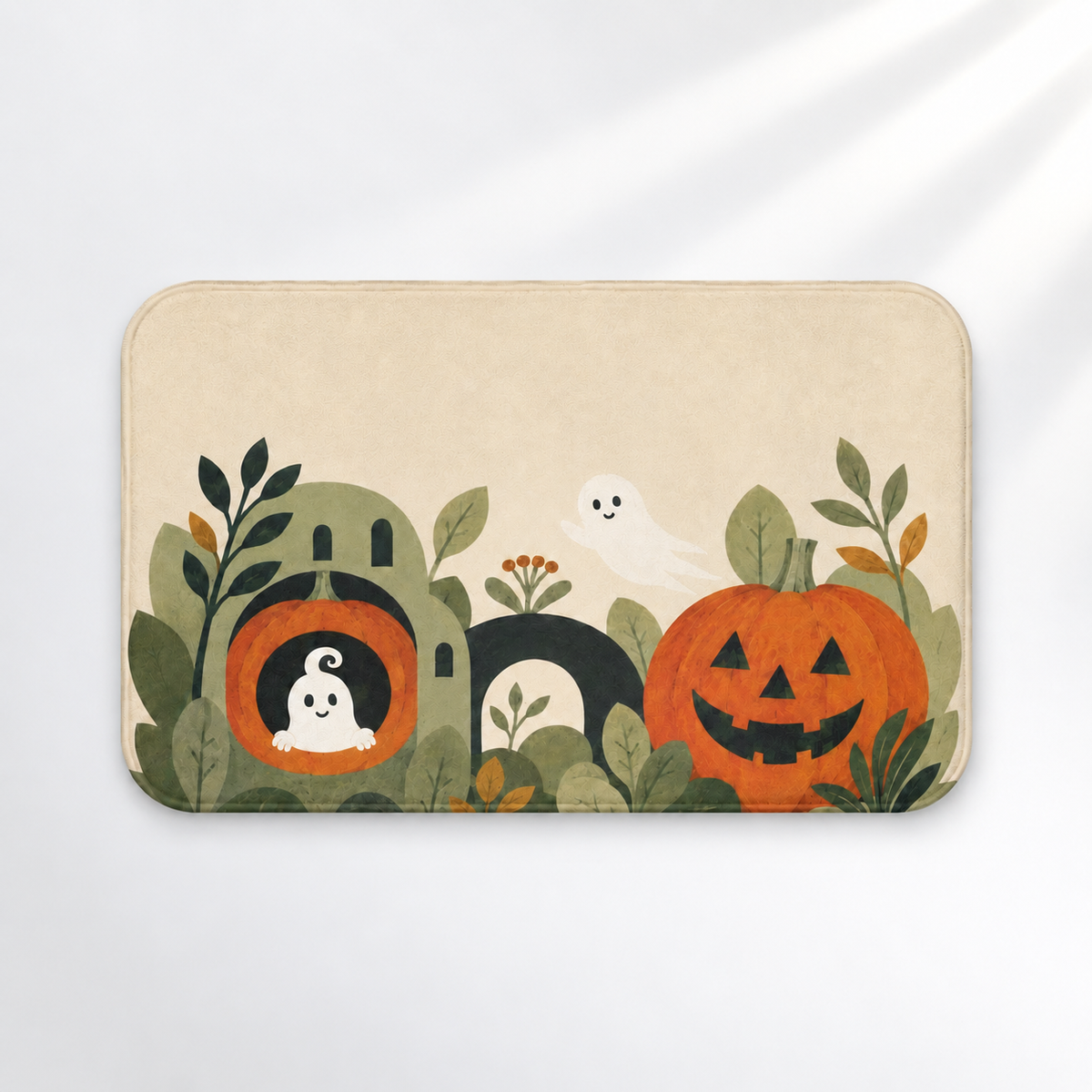 Boho ghost Halloween bath mat with pumpkins and leafy vines on a light gray background