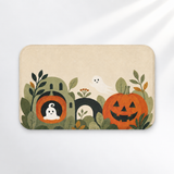 Boho ghost Halloween bath mat with pumpkins and leafy vines on a light gray background